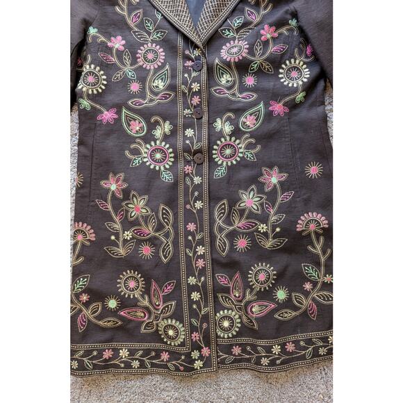 VTG Silkland S Women 100% Silk Brown Floral Jacket Embroidered Collared Lined - Picture 4 of 15